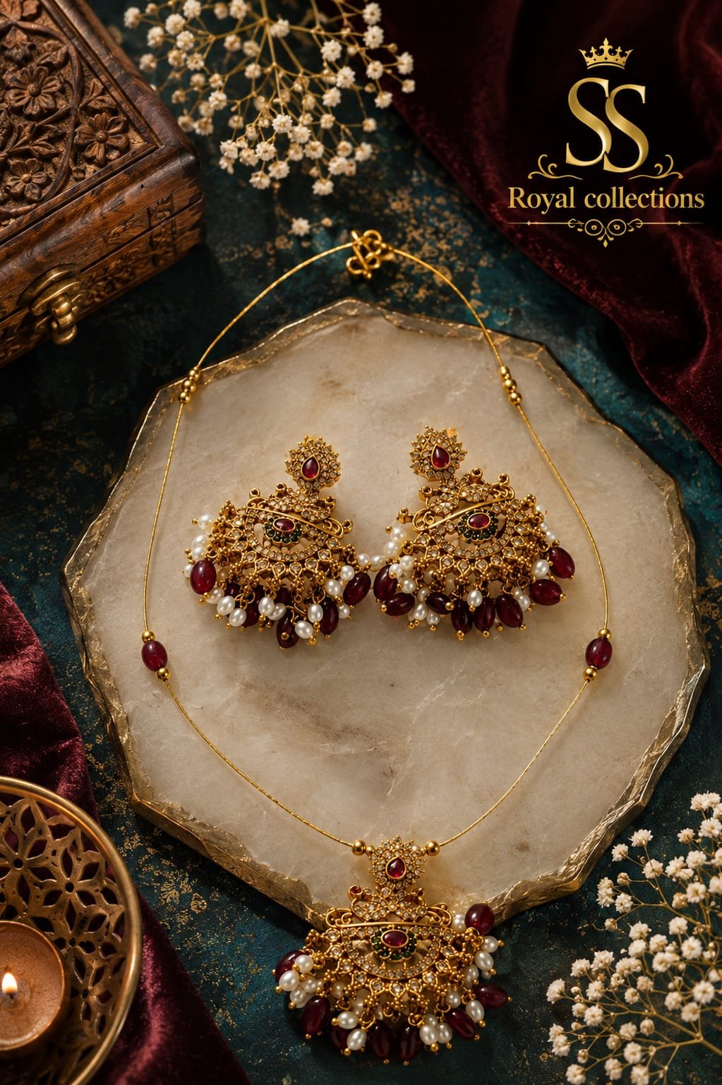 1 Gram Gold-Plated Red Bead & Pearl Bridal Necklace Set
