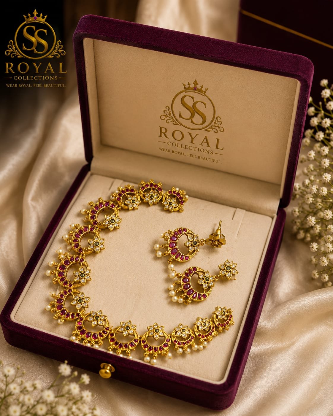 1 Gram Gold-Plated Ruby Pearl Necklace Set with Earrings