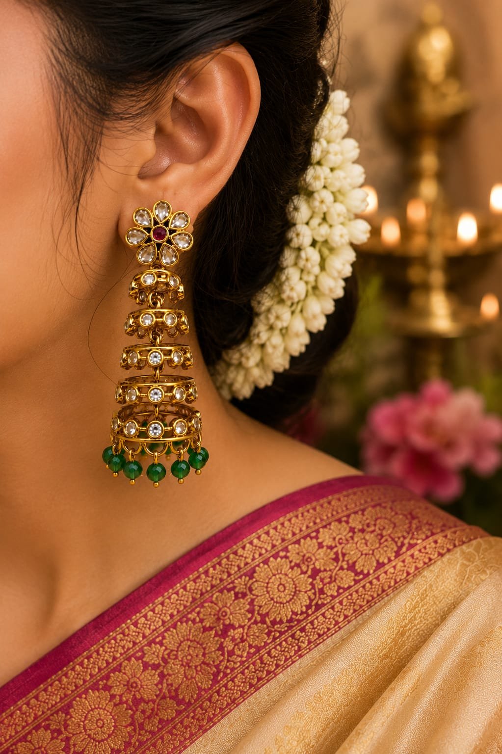 1 Gram Gold-Plated Kundan Tiered Jhumka Earrings with Green Beads