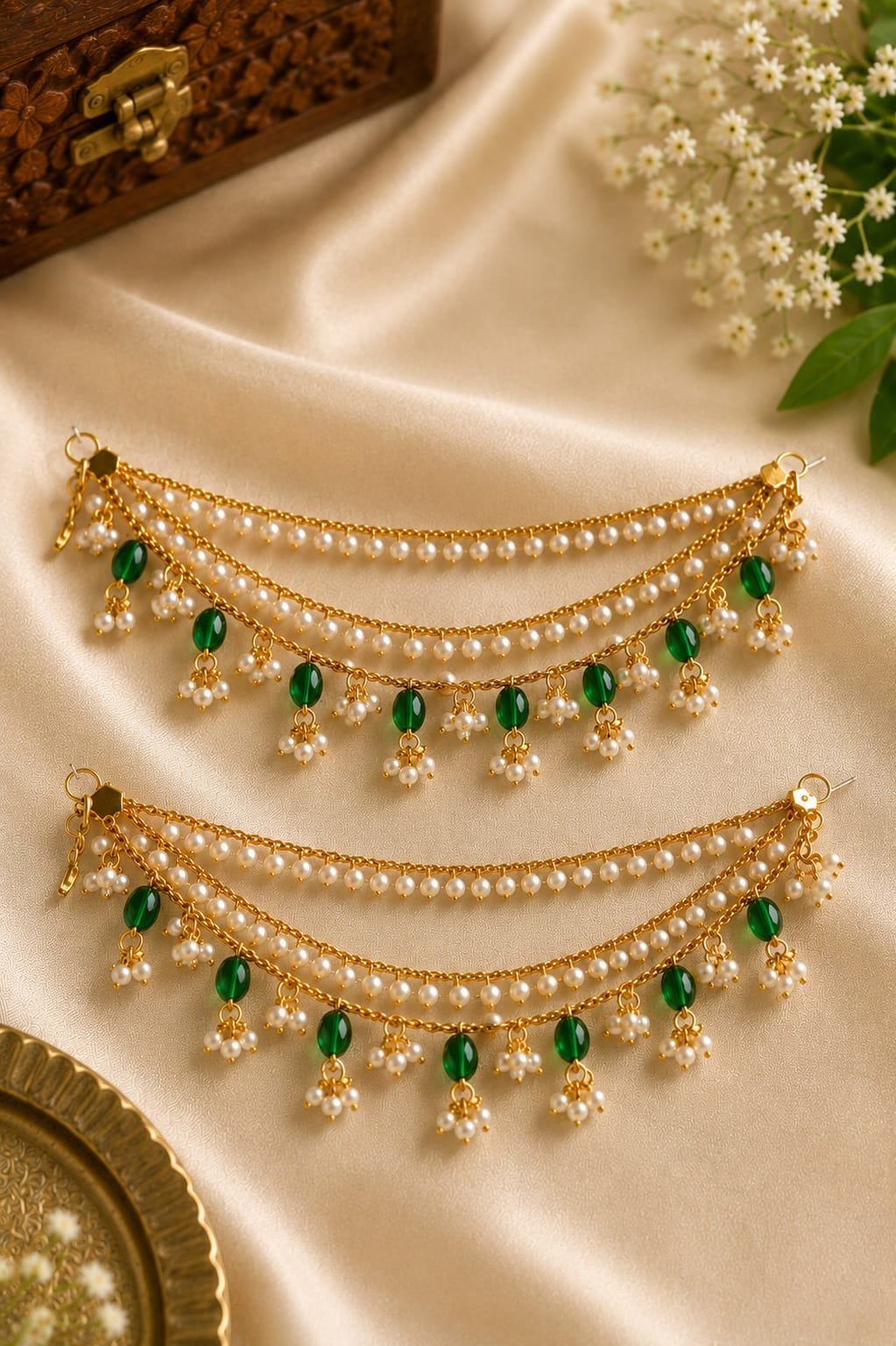 1 Gram Gold-Plated Pearl & Green Stone Layered Payal (Anklet) Set