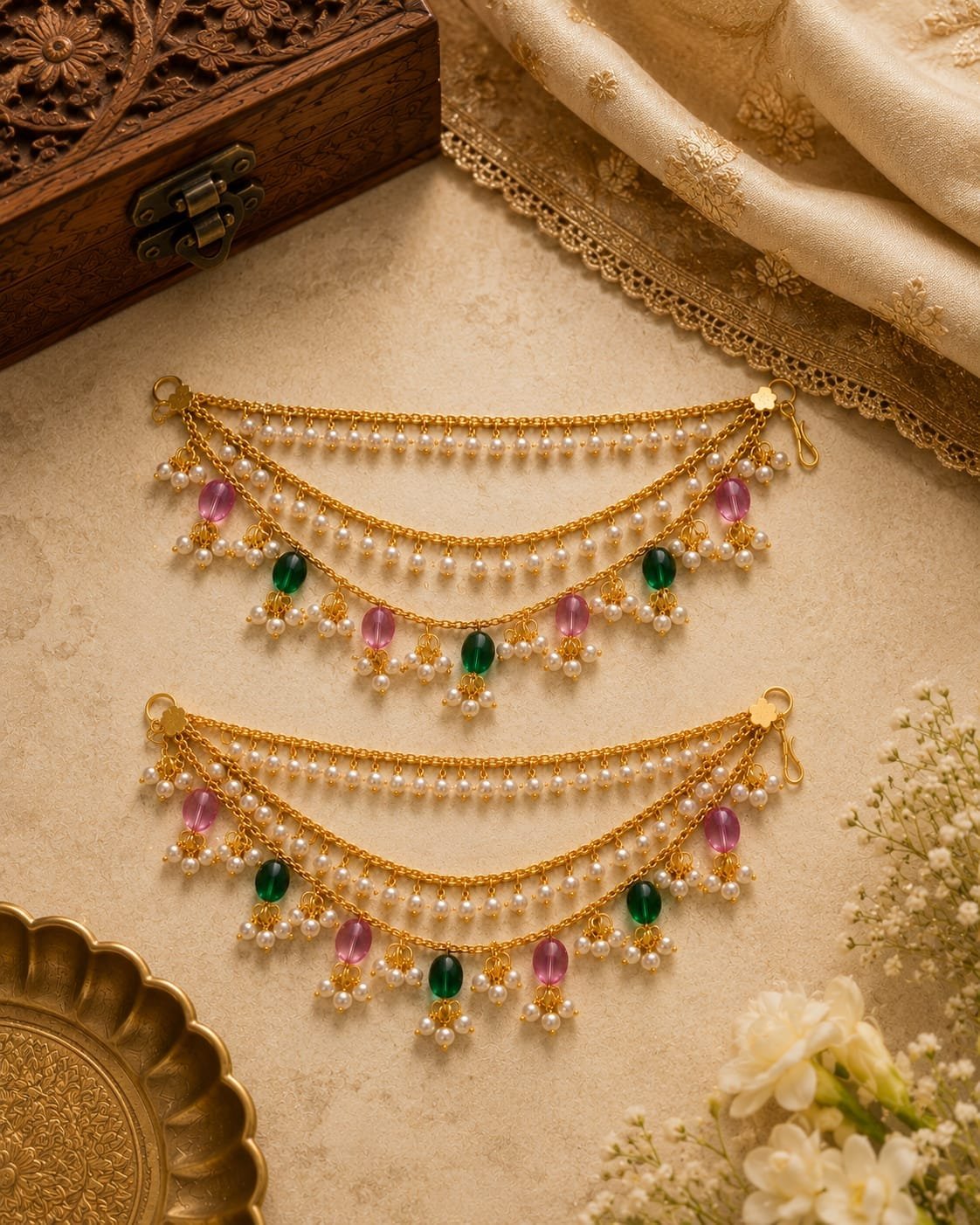 1 Gram Gold-Plated Double Layer Pearl & Bead Payal Anklet Set