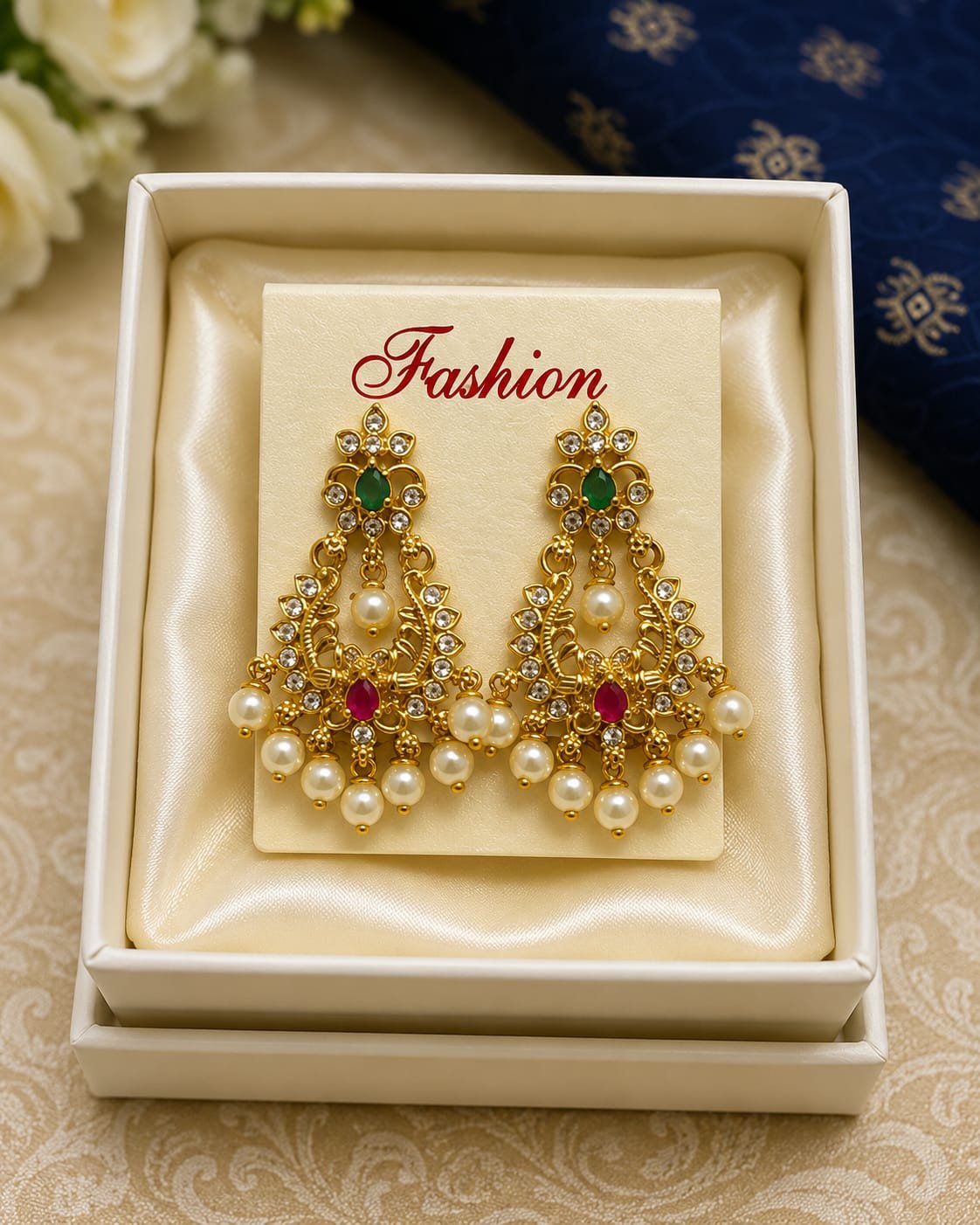 Traditional 1 Gram Gold-Plated Pearl & Stone Earrings