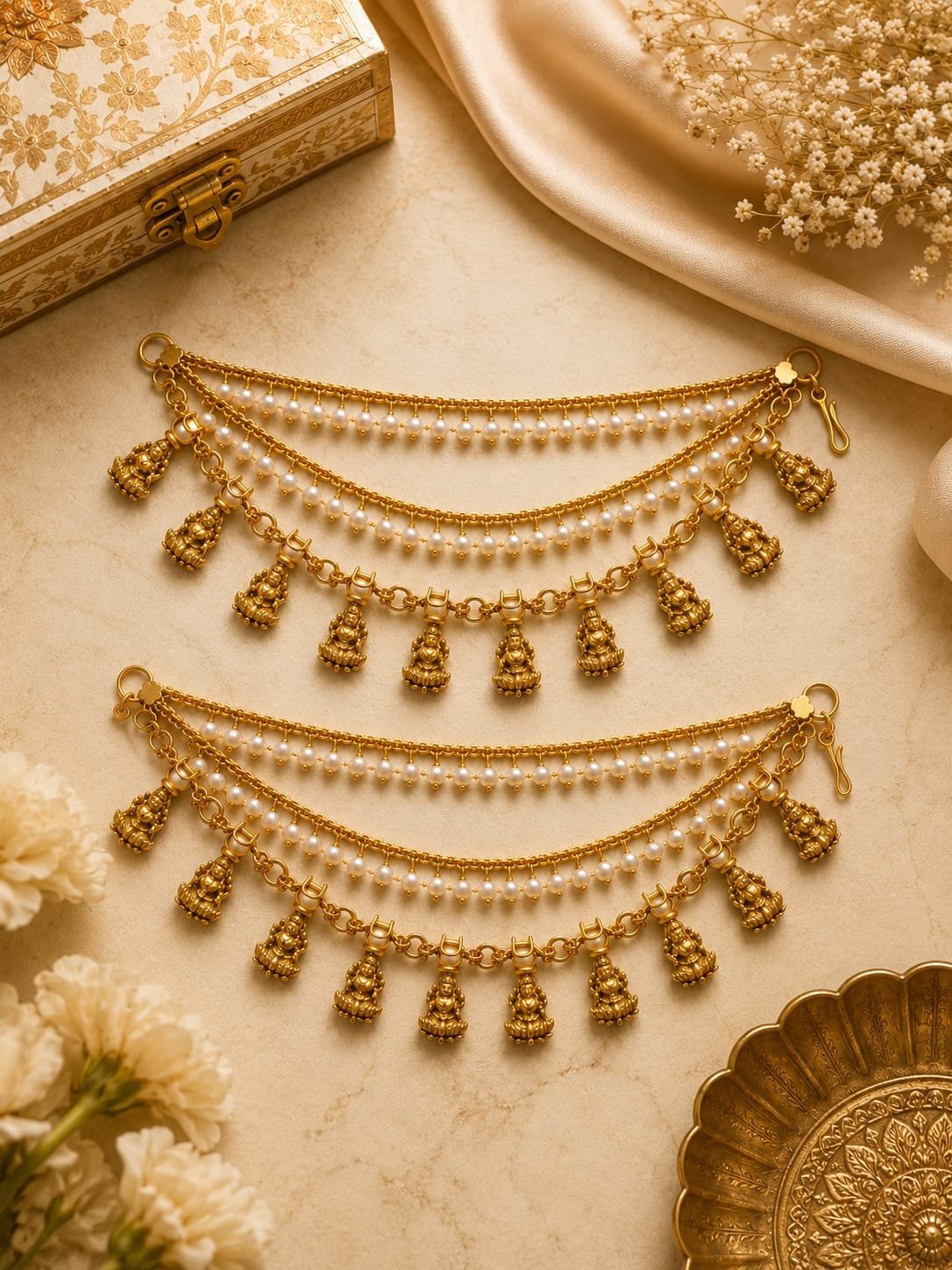 Peacock Motif 1 Gram Gold-Plated Pearl Payal Pair