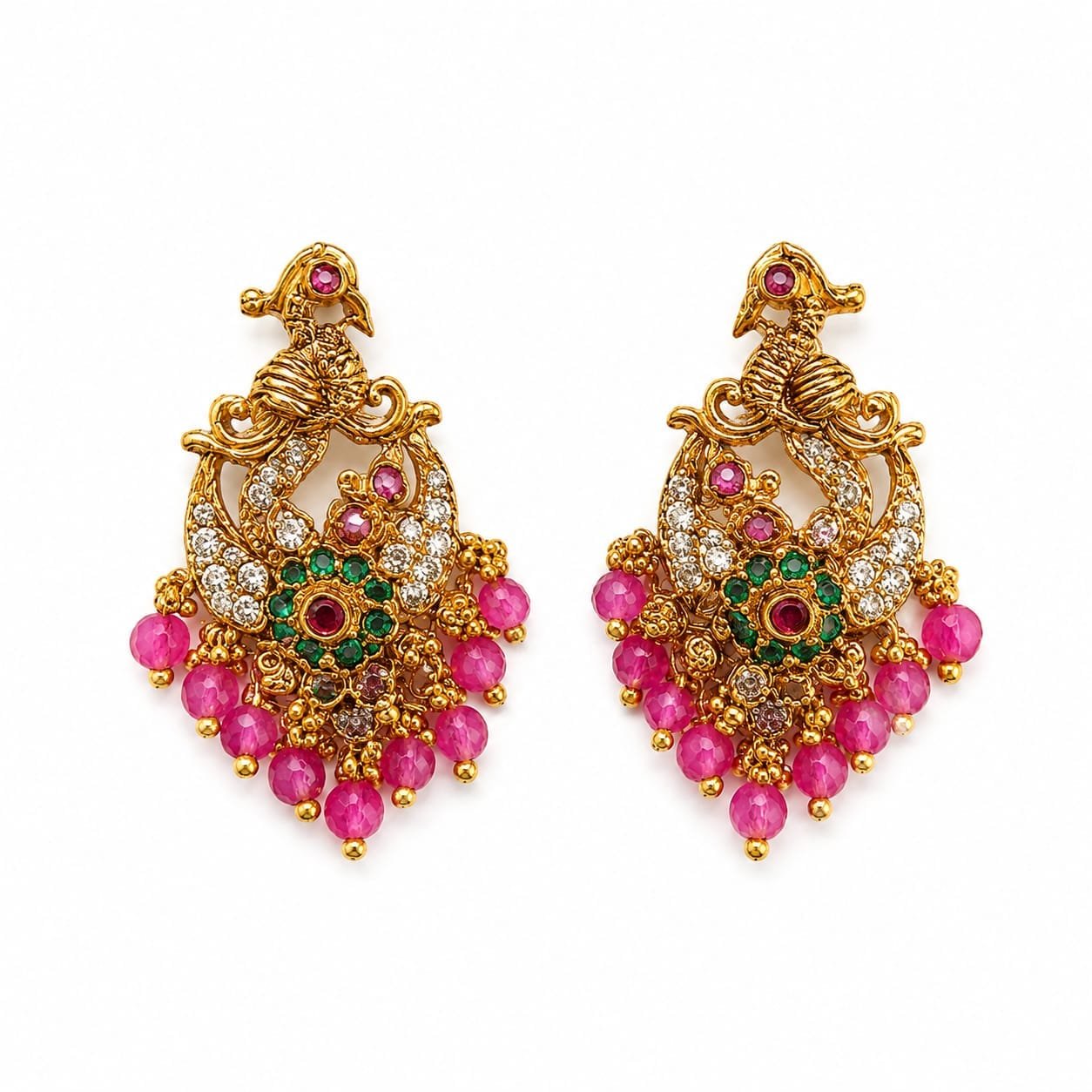 Peacock Design Pink Beaded 1 Gram Gold-Plated Earrings