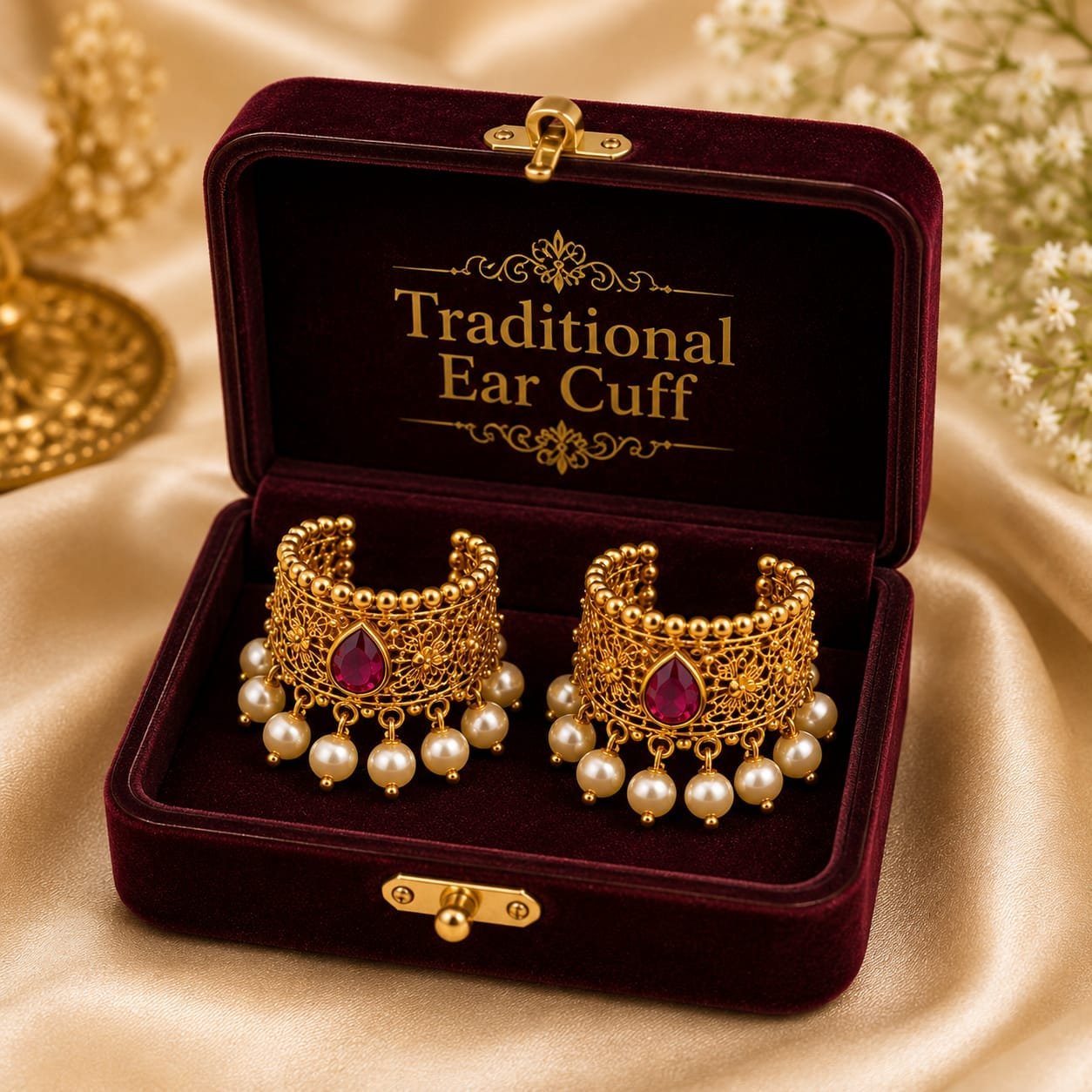 Traditional 1 Gram Gold-Plated Ear Cuff with Pearl Drops