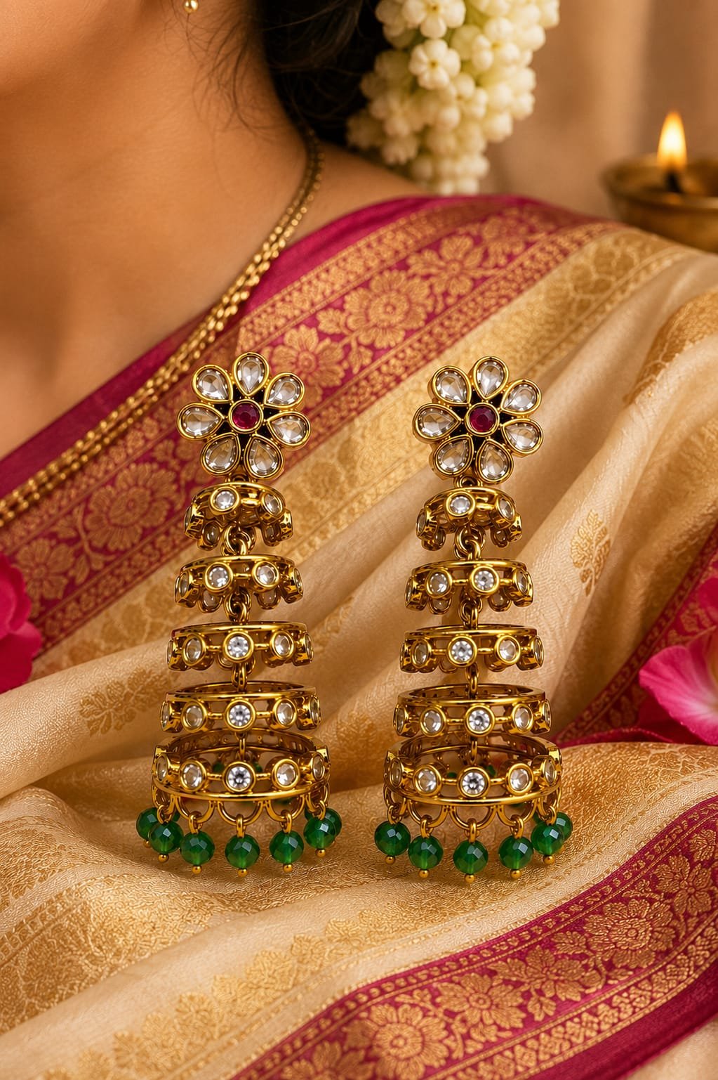 1 Gram Gold-Plated Kundan Tiered Jhumka Earrings with Green Beads