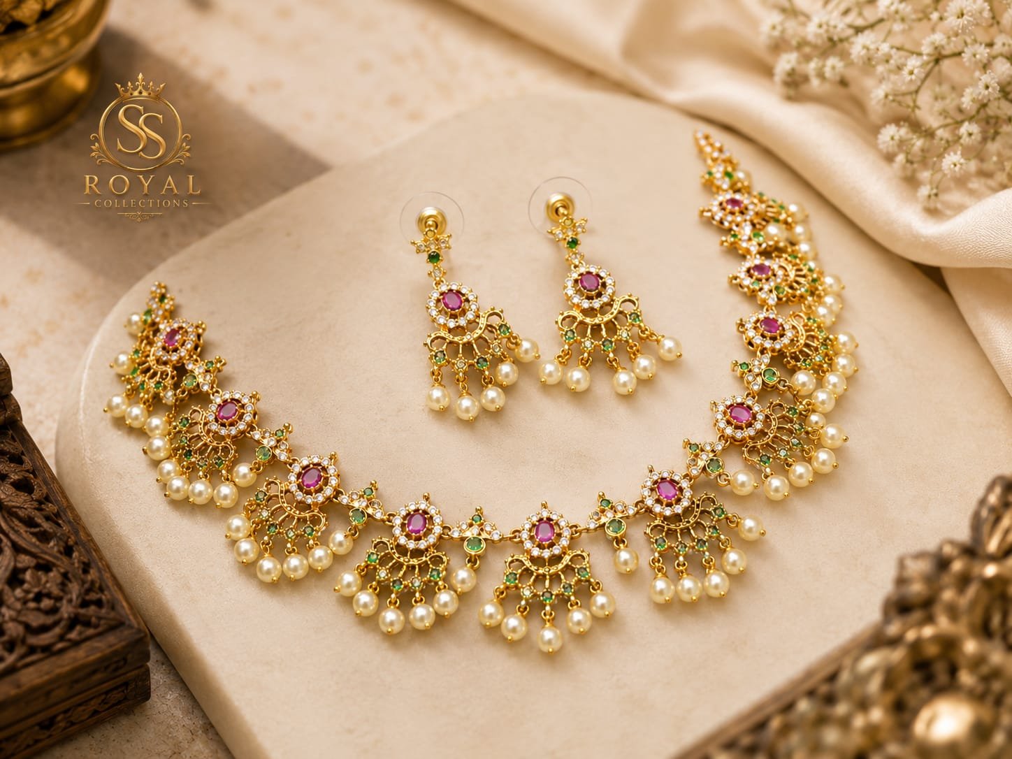 Traditional Pearl and Ruby 1 Gram Gold-Plated Necklace Set
