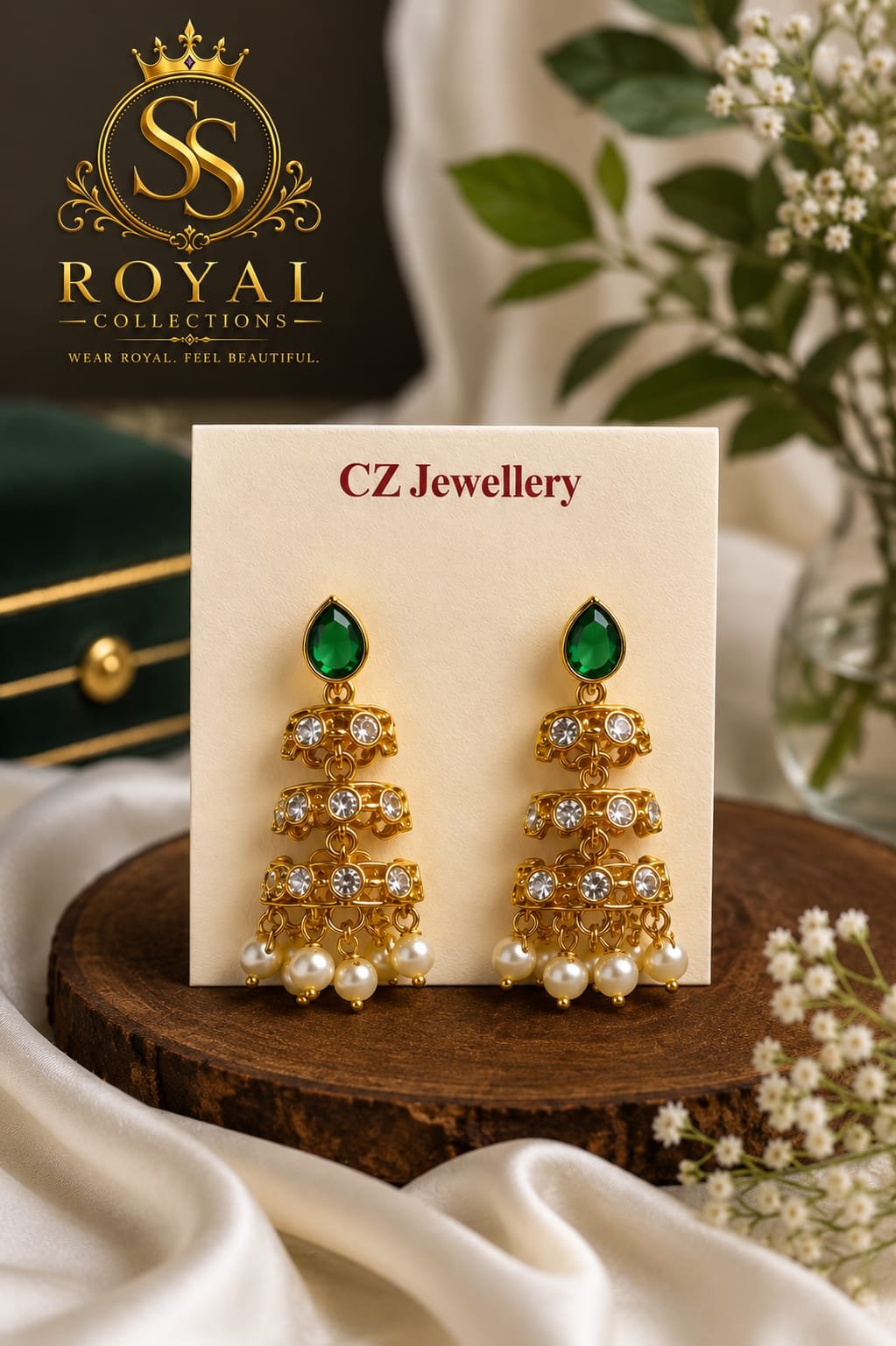 1 Gram Gold-Plated Green CZ Jhumki Earrings with Pearls