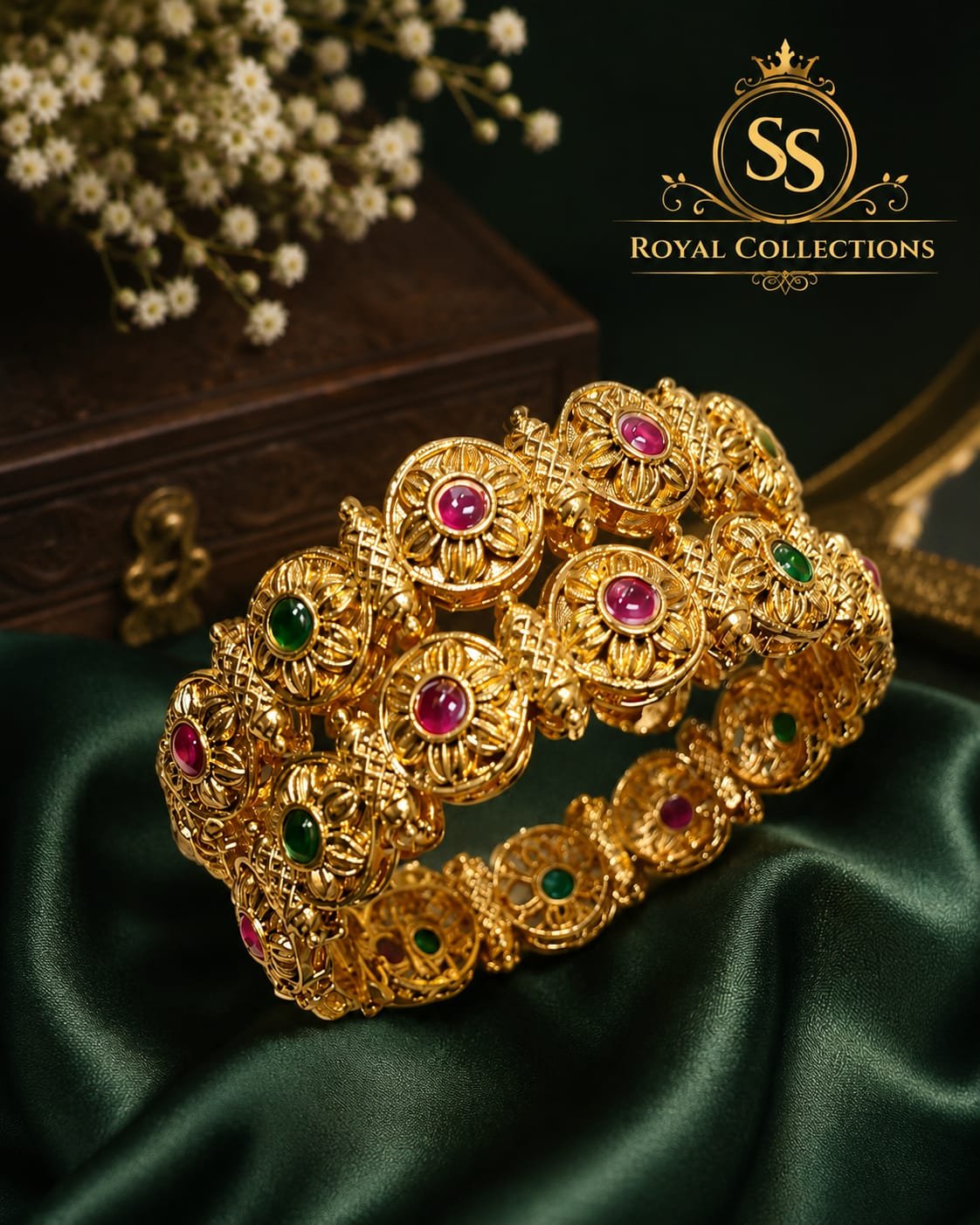 Traditional Floral 1 Gram Gold-Plated Kada Bangle with Ruby & Emerald Stones
