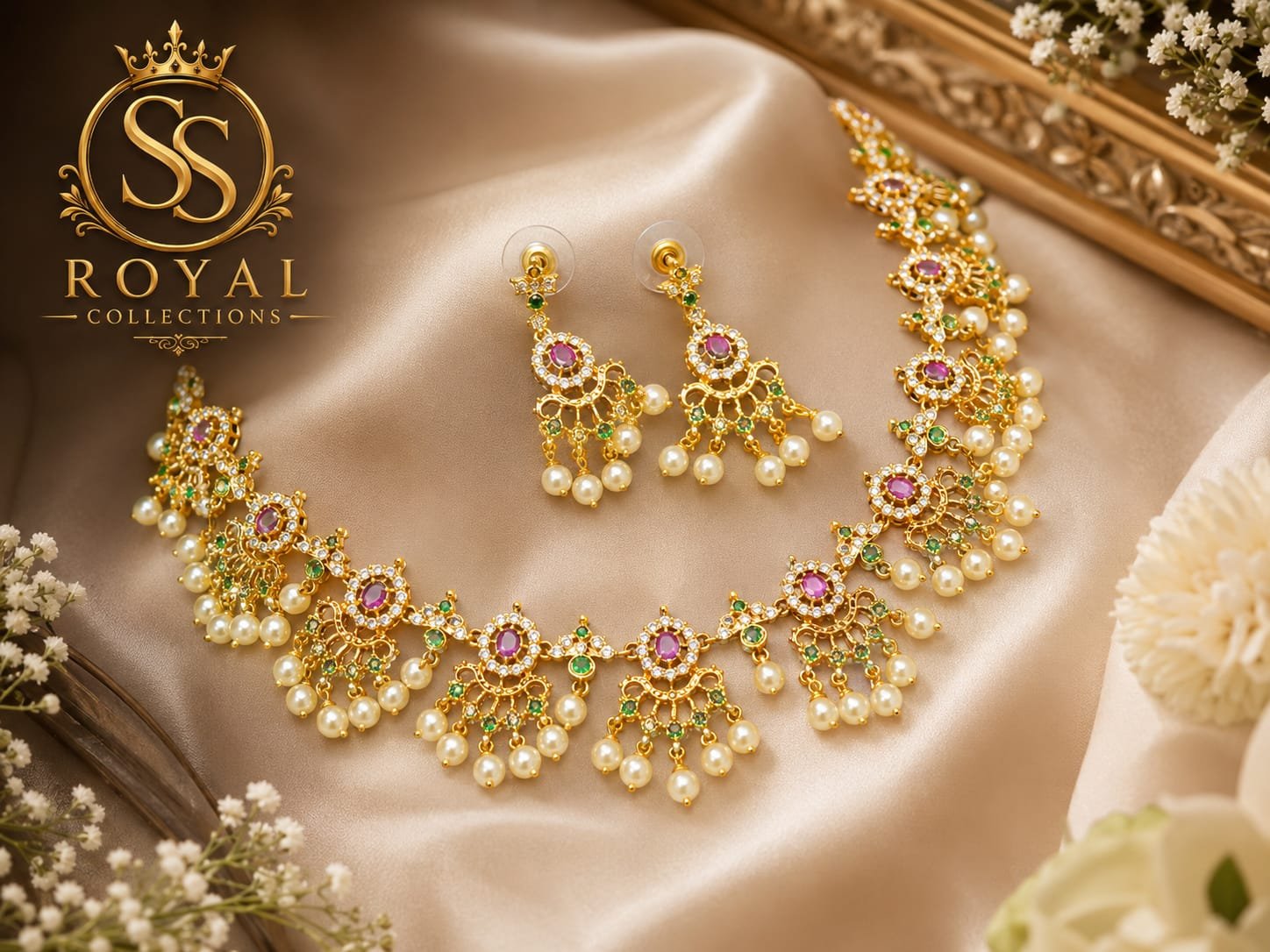 Traditional Pearl and Ruby 1 Gram Gold-Plated Necklace Set