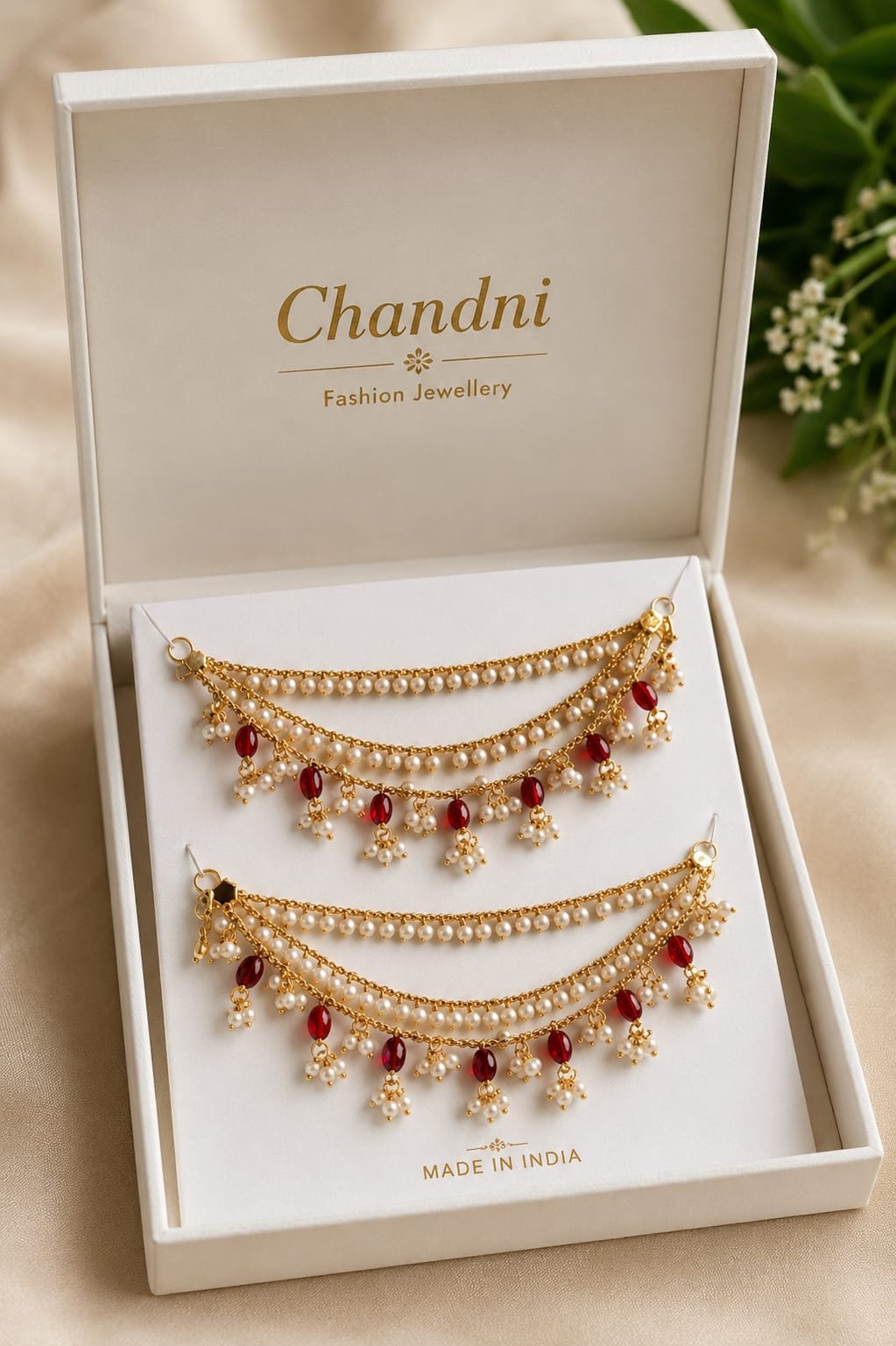 Traditional Pearl & Red Bead 1 Gram Gold-Plated Anklets