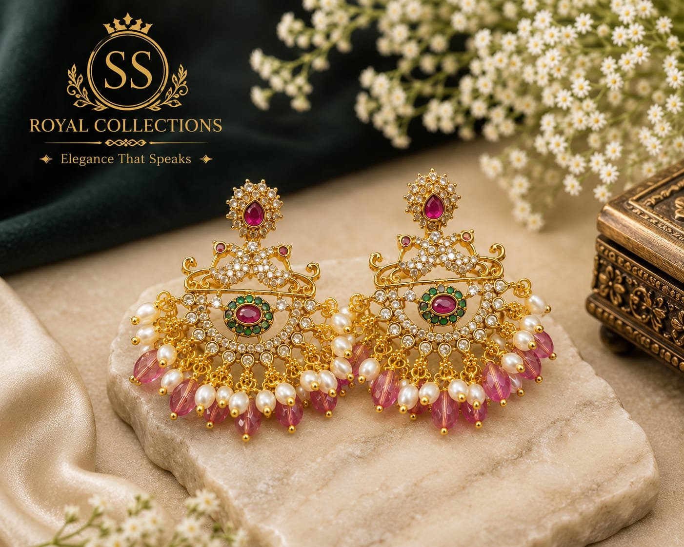 Traditional 1 Gram Gold-Plated Pink & Green Chandbali Earrings