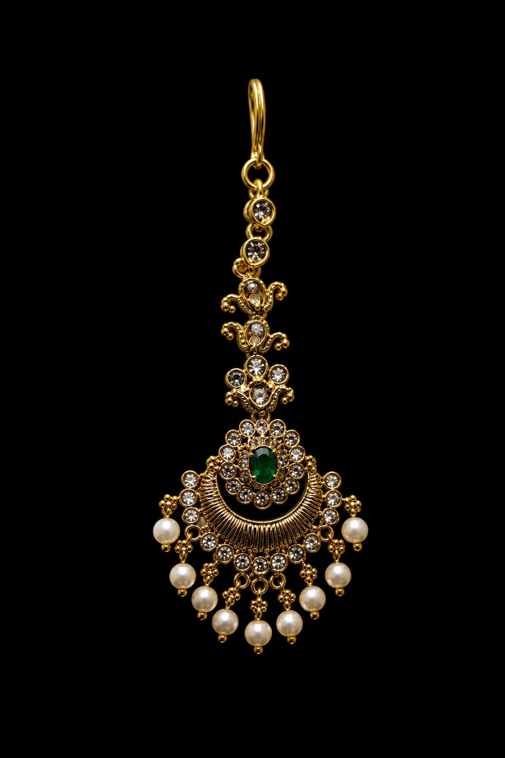 1 Gram Gold-Plated Traditional Maang Tikka with Pearl Drops