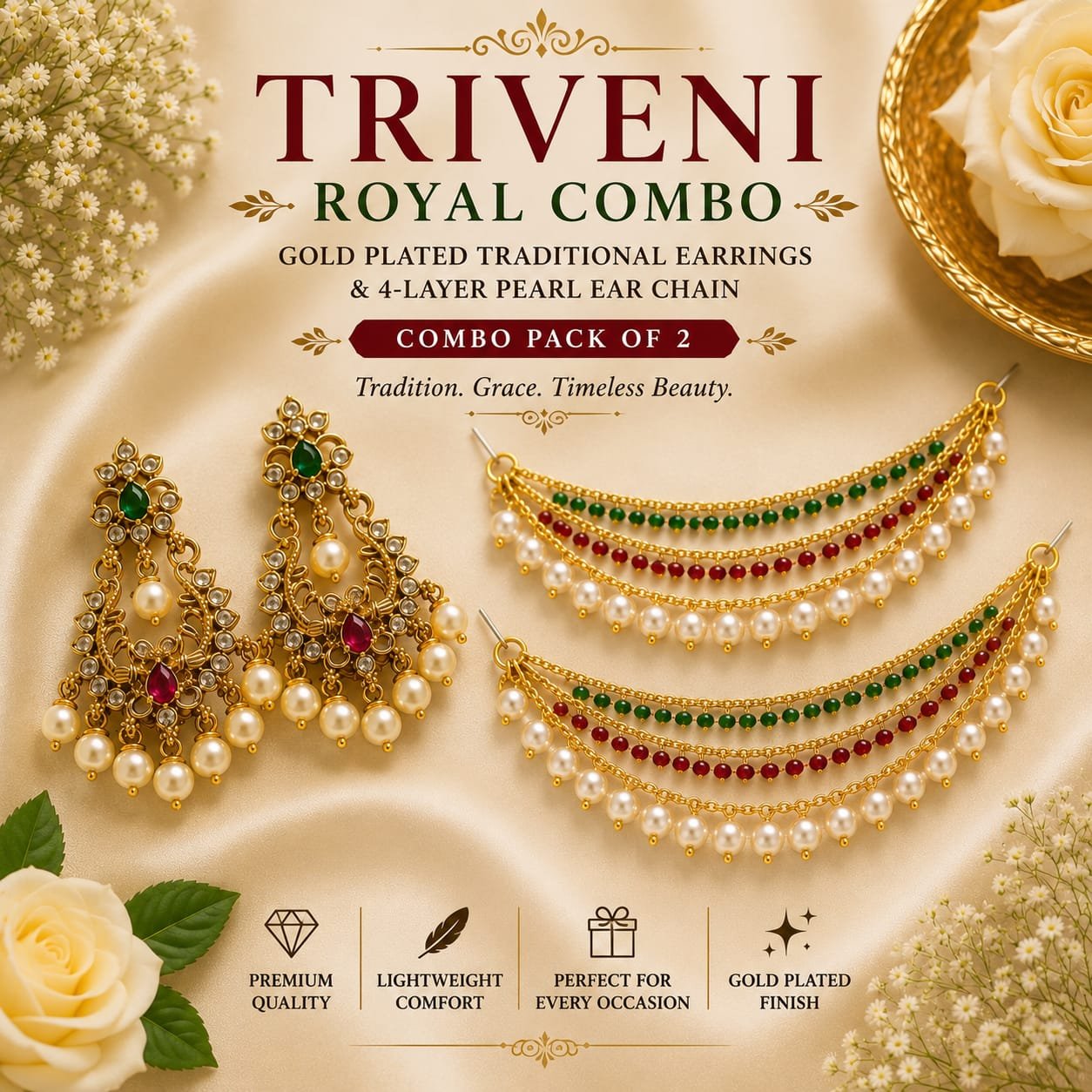 Triveni Royal Combo Gold-Plated Traditional Earrings & 4-Layer Pearl Ear Chain