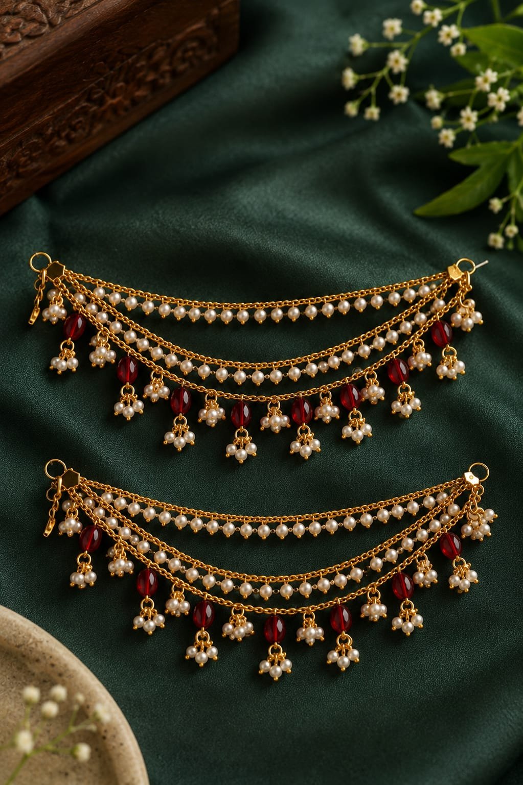 Traditional Pearl & Red Bead 1 Gram Gold-Plated Anklets