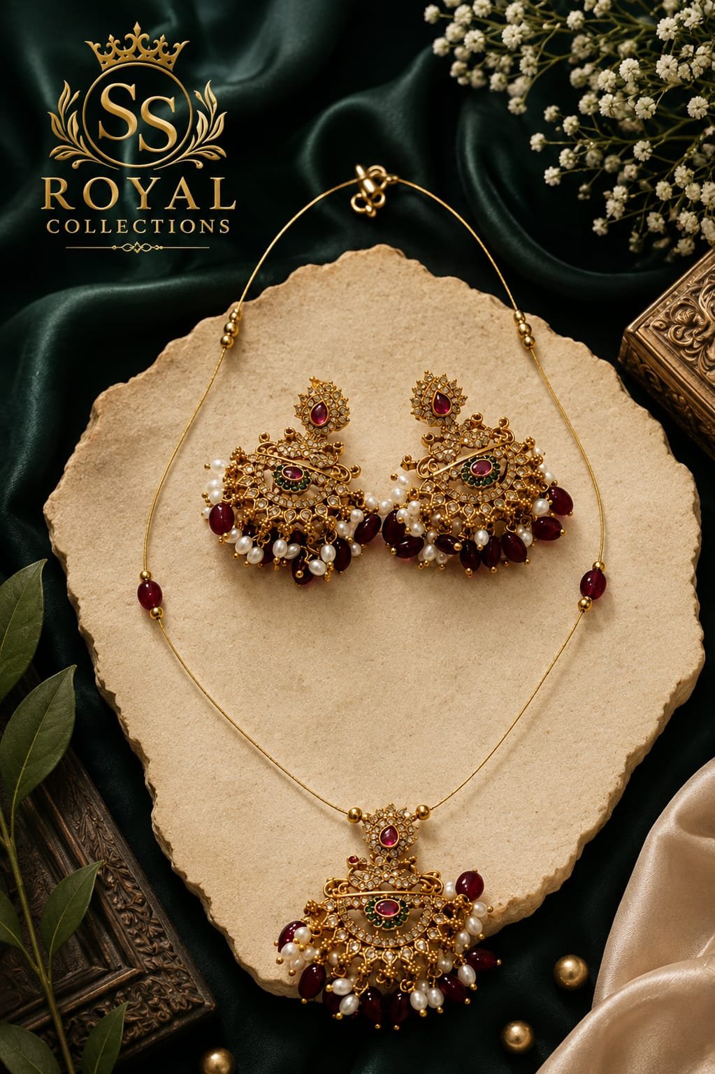 1 Gram Gold-Plated Red Bead & Pearl Bridal Necklace Set