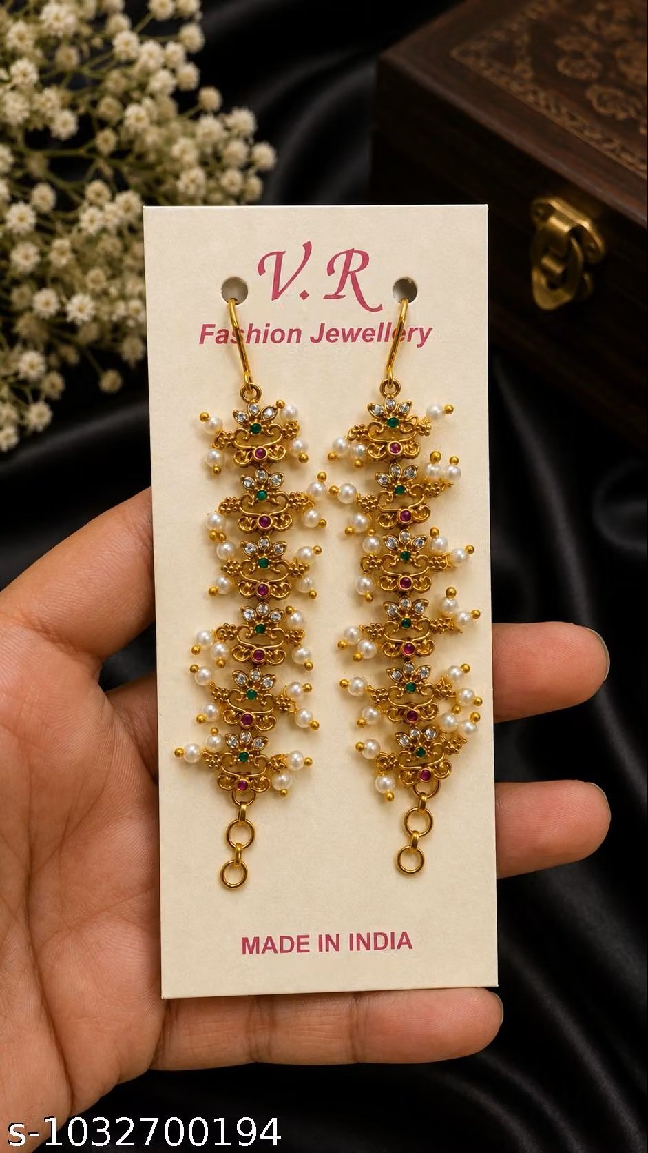 Antique Finish Long 1 Gram Gold-Plated Pearl Dangle Earrings