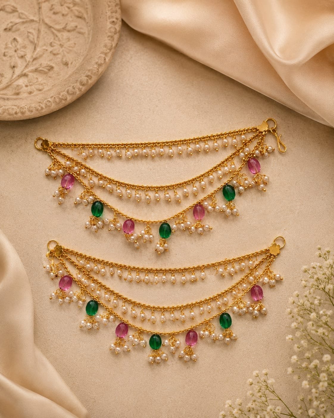 1 Gram Gold-Plated Double Layer Pearl & Bead Payal Anklet Set