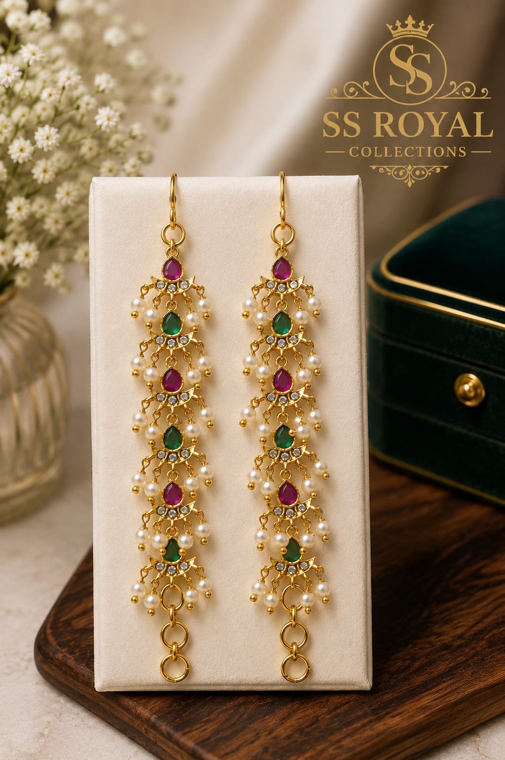 Traditional 1 Gram Gold-Plated Pearl & Stone Long Earrings