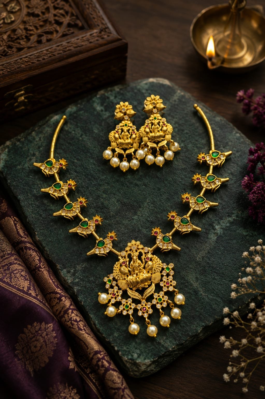 Traditional Lakshmi Peacock 1 Gram Gold-Plated Necklace Set