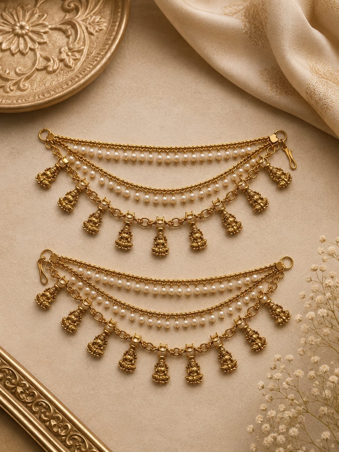 Peacock Motif 1 Gram Gold-Plated Pearl Payal Pair